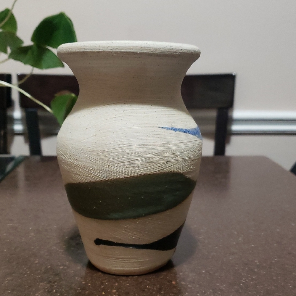 Studio Art Pottery Alfadom Stoneware Clay Vase Signed Stamped Cream Blues Green